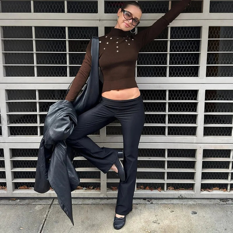 LIZAKOSHT  -  Woman Clothes Ribbed T-shirt Fashion Casual Half High Collar Buttons Cropped Tops High Street Female Long Sleeve T Shirts