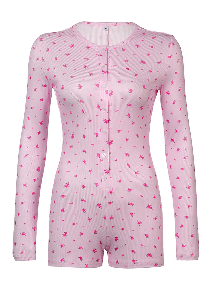 LIZAKOSHT  -  Floral Print Chic Rompers for Women Aesthetic Crewneck 2000s Long Sleeves Jumpsuits Sweet Korean Harajuku Cloth