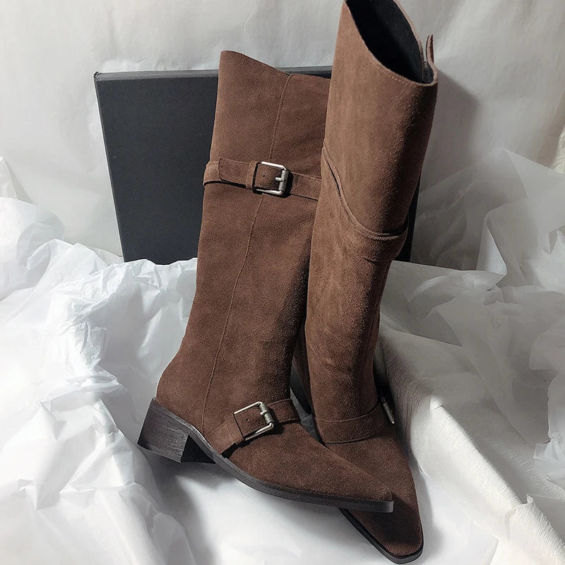 LIZAKOSHT  -  Fashion Vintage Women Western Knee High Boots Fashion Winter Belt Buckle Stripper Party Shoes Zapatos De Mujes