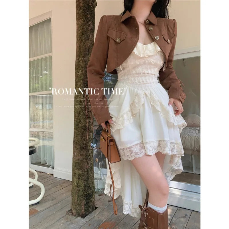 LIZAKOSHT  -  Autumn New Korean Lace Splicing Irregular Sexy Solid Color Sling Dress Women + Casual Long-sleeved Jacket Two-piece Suit