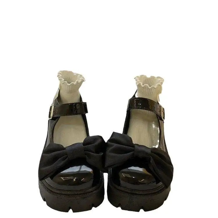 LIZAKOSHT  -  Lolita Thi Heel Little Girl Student oes  Knot PU Lined Faion Single oes round Toe Rubber Outsole Pure Color