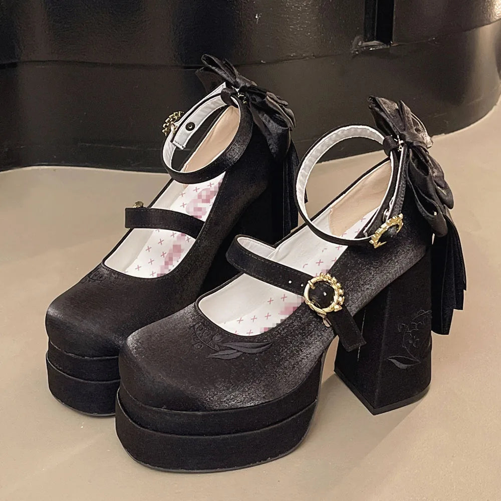 LIZAKOSHT  -  2026 Big Size 42 Sweet Butterfly knot Ankle Strap Party Pumps Y2K Black Platform Shoes Cute Lolita Super High Square Heels Pumps
