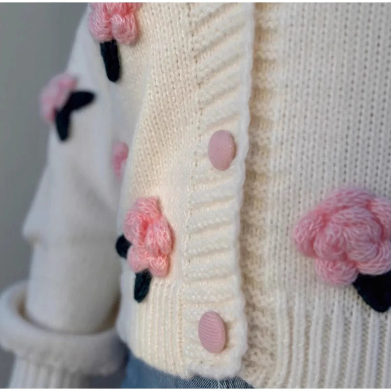 LIZAKOSHT  -  3D Flower Knitted Cardigan Woman Loose Long Sleeves Single Breasted V-Neck Casual Coats Versatile Women's Early Autumn Cardigans