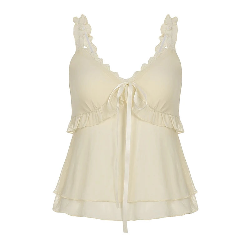 LIZAKOSHT  -  Women Boho Chic Ruffled Lace V-neck Tank Top Bow Tied Sleeveless Light Yellow Sexy Crop Tops Summer Holiday Camisole