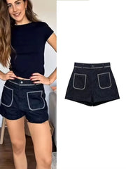 LIZAKOSHT  -  Fashion Denim Shorts For Women Summer 2025 New Casual Black Zipper Pockets Short Pants Chic Bright Line Decoration Mini Shorts