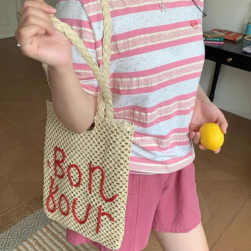 LIZAKOSHT  -  Women Fashion Letter Embroidered Shoulder Bag Hollow Grass Woven Beach Bags Vacation Handbag