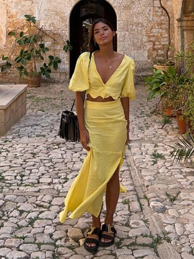 LIZAKOSHT  -  Chic Floral Printing Long Skirt Sets Women Elegant V-Neck Short Puff Sleeve Shirt High Waist Split Skirt Lady Sexy 2 Pieces Sets
