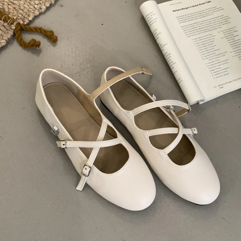 LIZAKOSHT  -  Spring New Women Mary Jane Flat Shoes Fashion Round Toe Slip On Footwear Ladies Elegant Cross Belt Ballet Shoes
