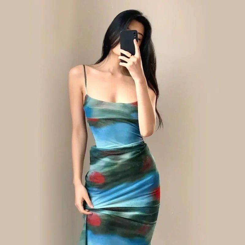LIZAKOSHT  -  French Retro Dress Figure-hugging Tie-dye Halter Dress Slimming Women Seaside Vacation Fashionable Sexy Stylish Women's Clothing