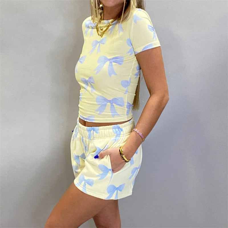LIZAKOSHT  -  Lounge Outfit Set Women Coquette Clothing Floral Print Short Sleeve T-Shirt Shorts with Pockets 2 Piece Set Clothes