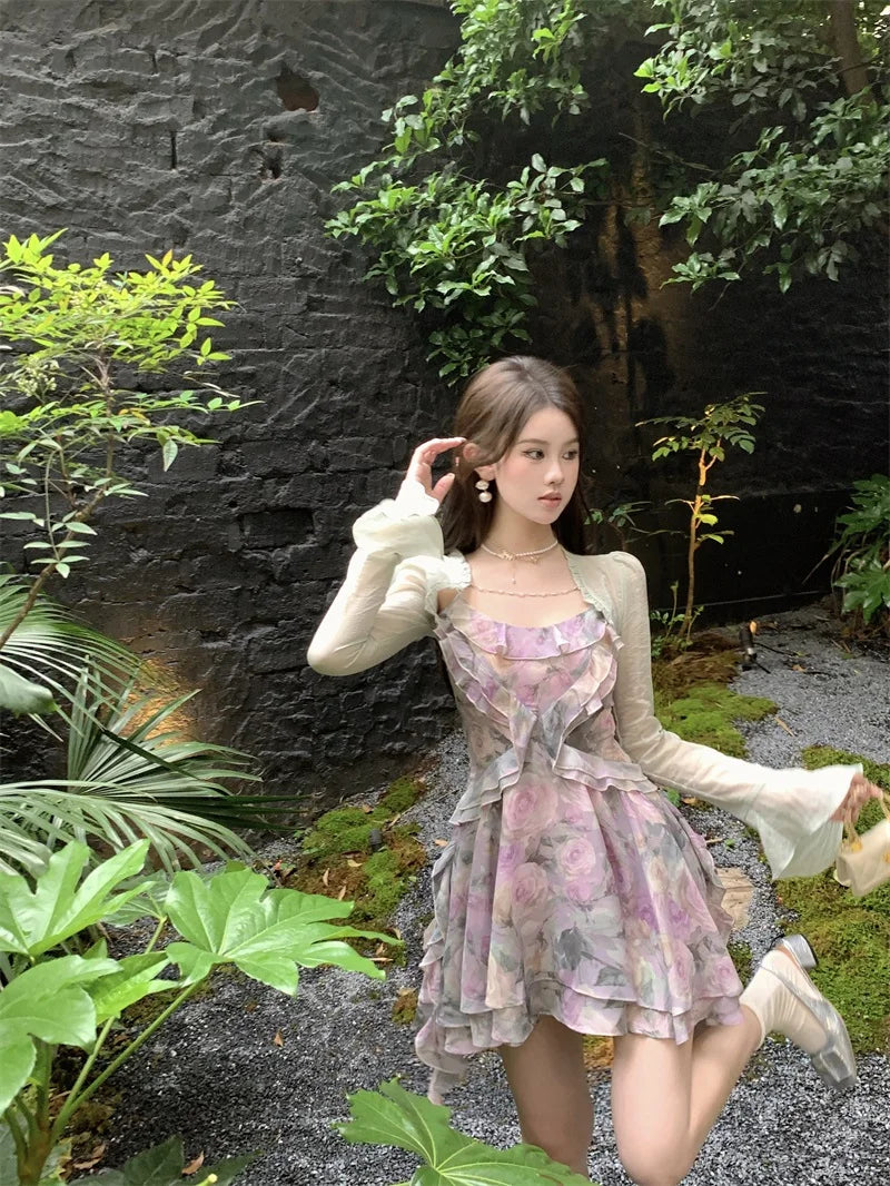 LIZAKOSHT  -  Women Elegant Summer Sweet Purple Floral Print Mini Dress Female Ruffle Sleeveless Chiffon Beach Dress Y2k Slim Dress