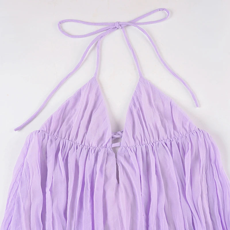 LIZAKOSHT  -  Purple Chiffon Backless Sleeveless Sundress Elegant  Sexy Deep V Neck A-line Mini Dress Summer Beach Vacation Outfits