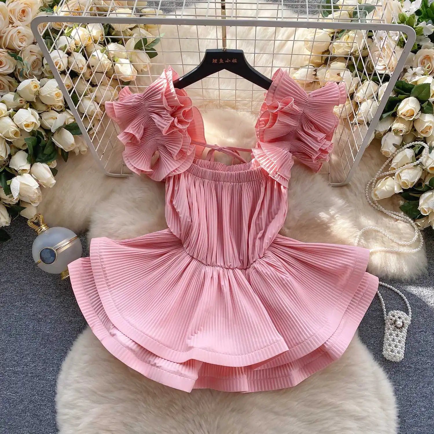 LIZAKOSHT  -  European Goods Small Shirt Explosion Heavy Pressed Ruffled Edge Halter Chiffon Shirt Slim Short Ruffled Swing Top Woman Tops