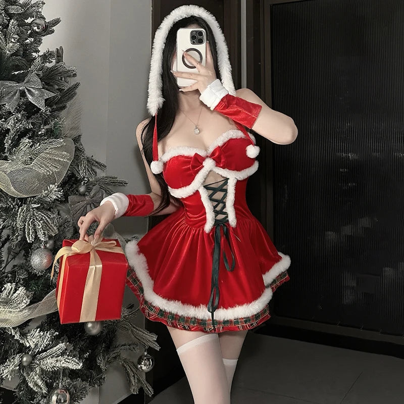  LIZAKOSHT  -  Women Christmas Costume Set Spaghetti Strap Velvet Mini Dress with Hood Gloves Lace Up Belt Xmas Festival Party Cosplay Outfit