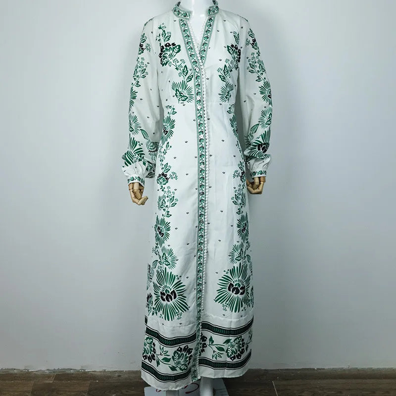 LIZAKOSHT  -  New Style Printed Long Dress with Slit Sleeves and V-Neck Casual Lace Beach Resort Dress