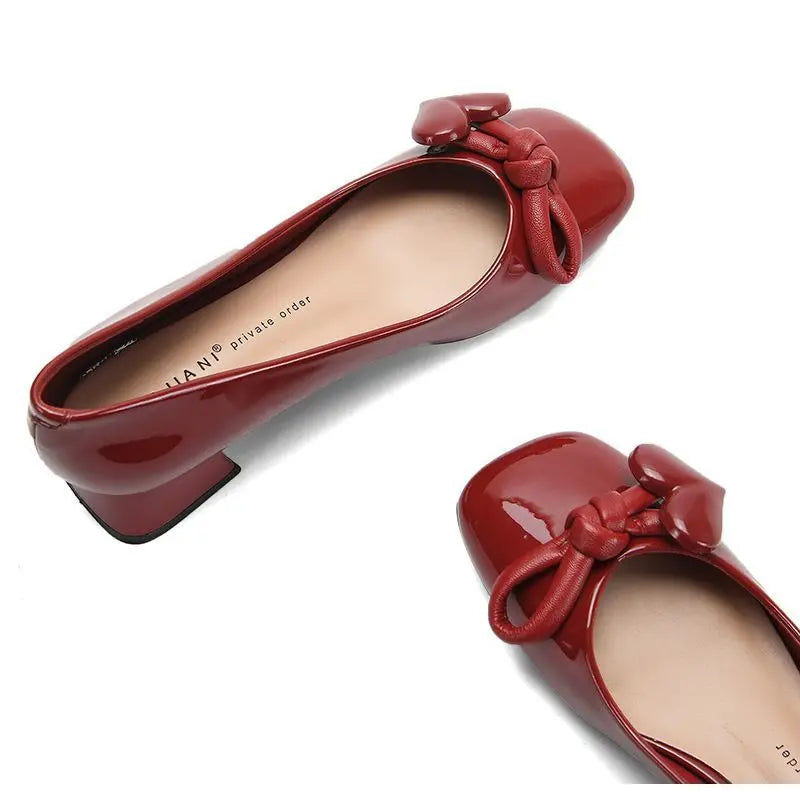 LIZAKOSHT -  Shoes for Women Low Heel Elegant Ladies Summer Footwear Normal Leather Casual Square Toe with Bow Red Genuine Mark Fashion