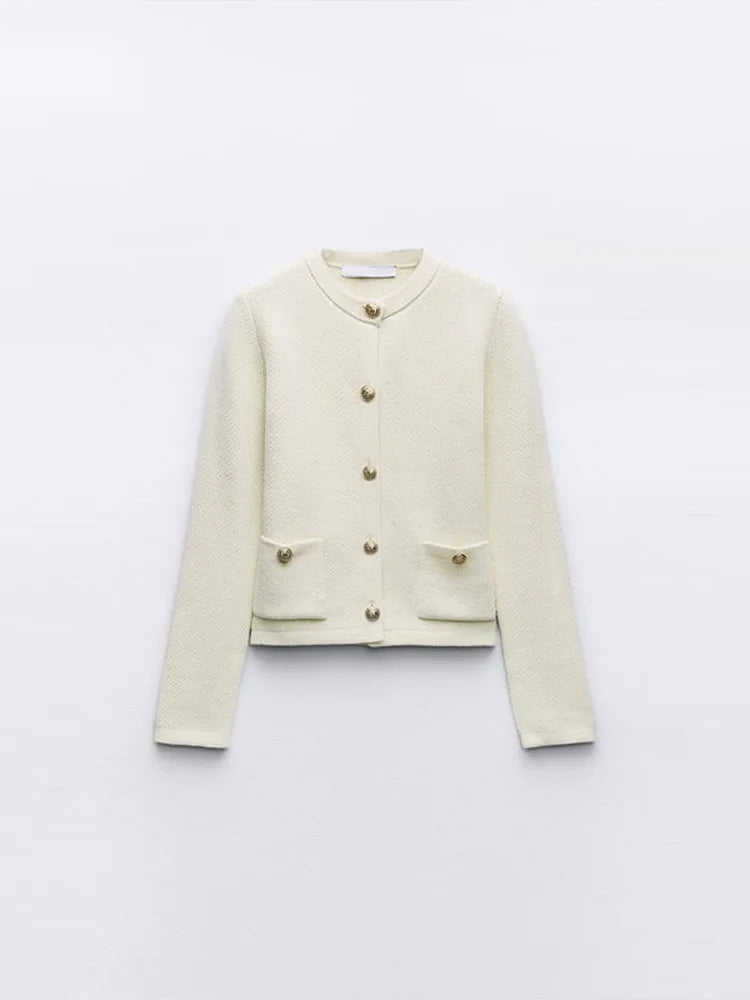 LIZAKOSHT -  Elegant Solid Bilateral Pockets Knitted Cardigan Women Fashion Loose O Neck Long Sleeve Coat 2024 Spring Lady High Street Jacket
