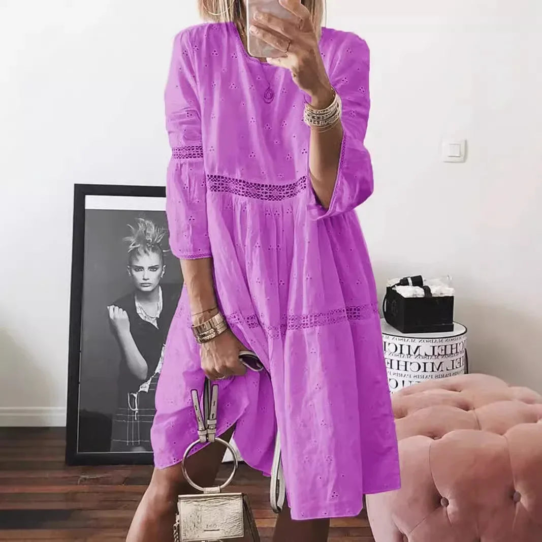 LIZAKOSHT  -  Summer Lace Splicing Hollow Embroidery Dresses Short Sleeve Loose Casual White Dress Women's Clothing Design Chic Dress New