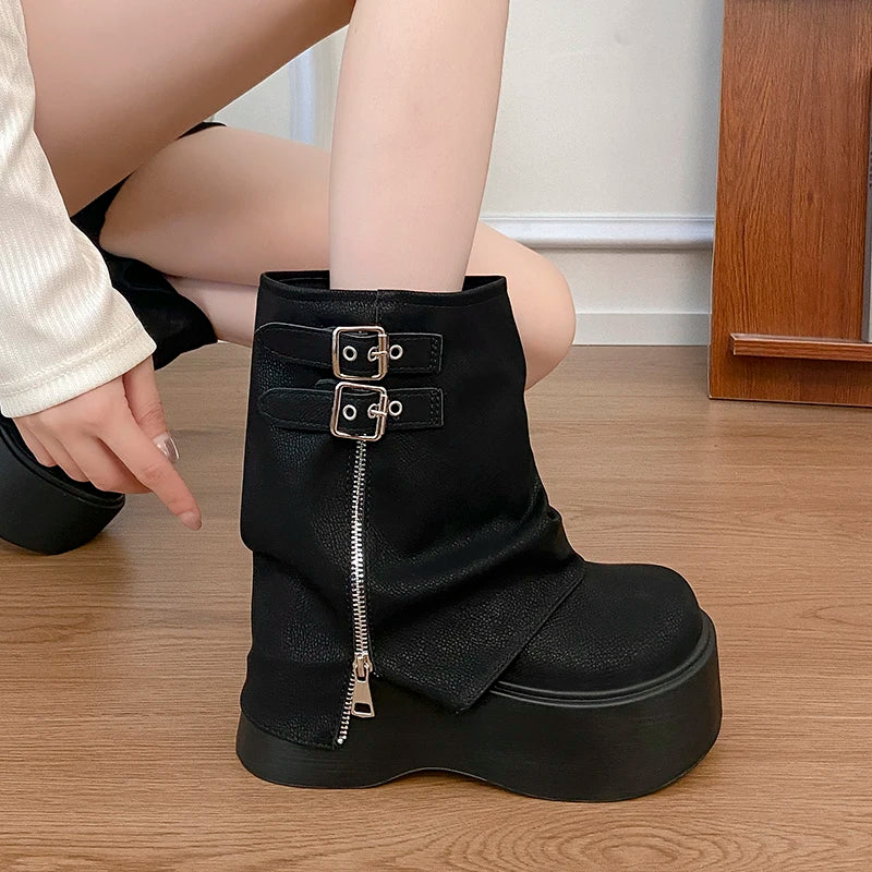 LIZAKOSHT  -  Autumn Winter Chunky Thick Sole Women Pipe Ankle Boots Designer Belt Buckle Platform Heel Shoes Modern Short Botas Para Mujer