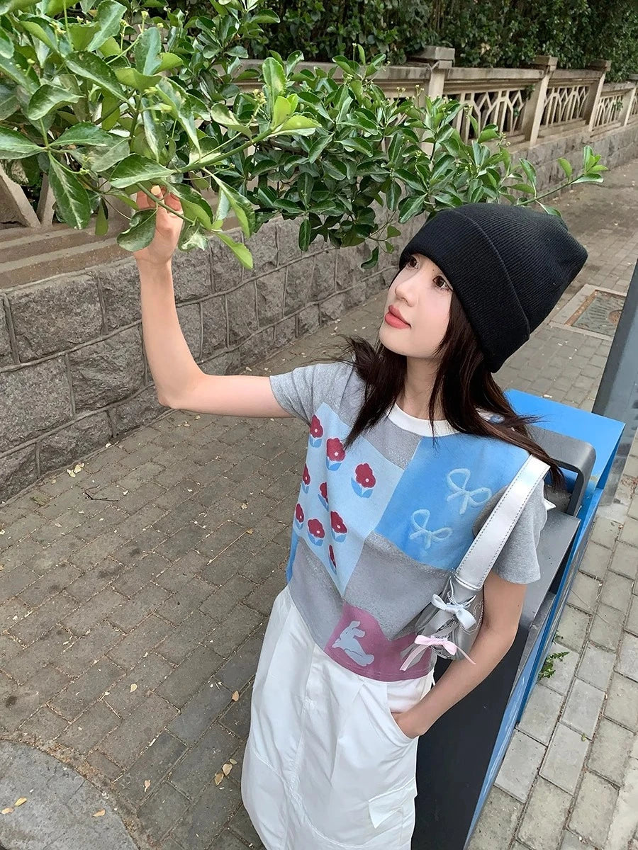 LIZAKOSHT  -  Korean chic  Summer O Neck Short Sleeve Geometric Print Cartoon Slim Women's T-shirts
