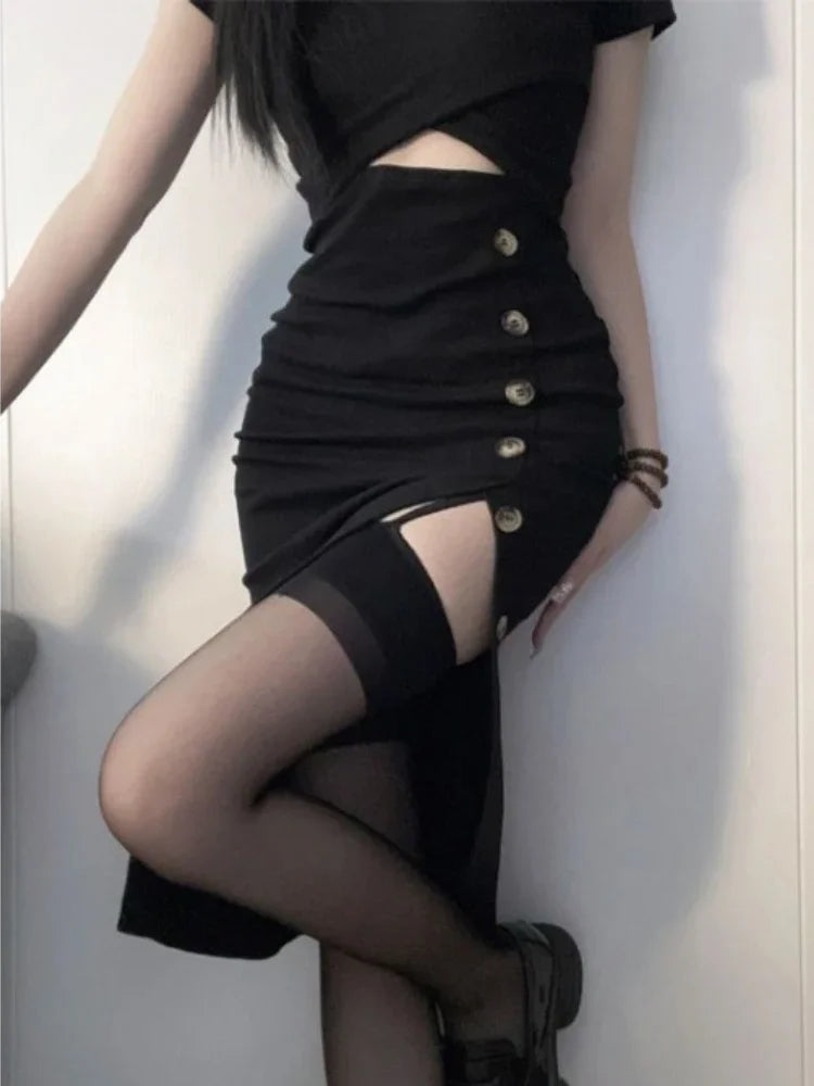 LIZAKOSHT  -  Black Sexy Dresses For Women Vestidos De Mujer Short Sleeve Hollow Out Korean Robe Femme Fashion Split Tunic Summer Dress