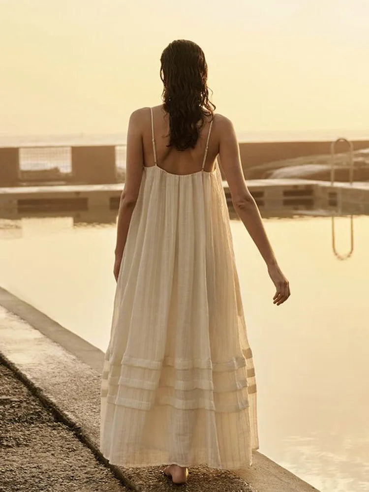 LIZAKOSHT  -  Casual Loose Pleated Sling Long Dress Women Chic Simple Beige Sleeveless Low Cut Holiday Dresses Lady Retro Summer Beach Vestido