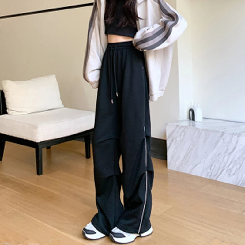 LIZAKOSHT  -  American Sweatpants Women  Fall Chic Fashion Casual Wide-Leg Pants Straight Parachute Loose Side Striped Soild Cargo Trousers