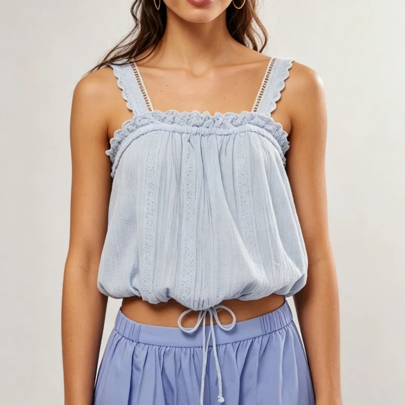 LIZAKOSHT  -  Women Y2K Lace Patchwork Tank Top Cute Solid Color Pleated Ruffle Hem Babydoll Vest Summer Fairy Grunge Crop Shirts ﻿