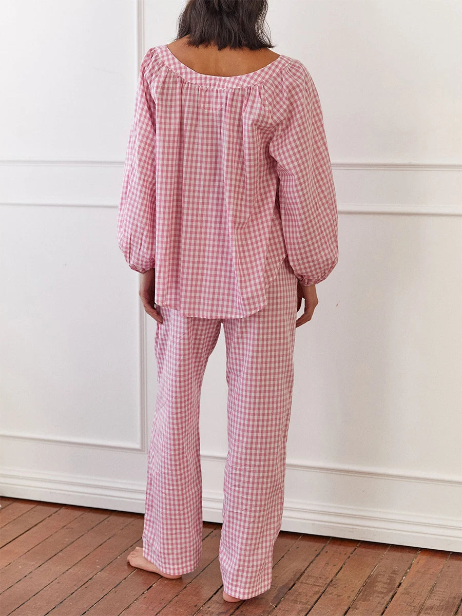 LIZAKOSHT  -  Women s Cozy Plaid Print Pajama Set with Long Lantern Sleeves and Elastic Waistband - Button Down Top and Lounge Pants for Fall