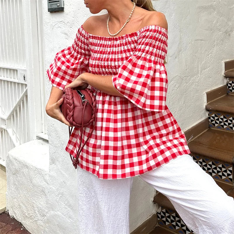 LIZAKOSHT  -  Peplum Blouse 2024 Summer Clothes Red Plaid Print Half Puff Off Shoulder Ruched Shirt y2k Aesthetic Clothing Streetwear