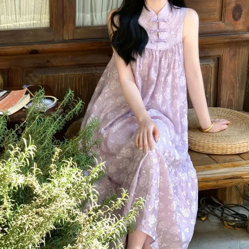 LIZAKOSHT  -  Spring Summer Dresses for Women Chinese Style Purple Elegant Vestidos Mujer Vintage Loose Beach Long Dress