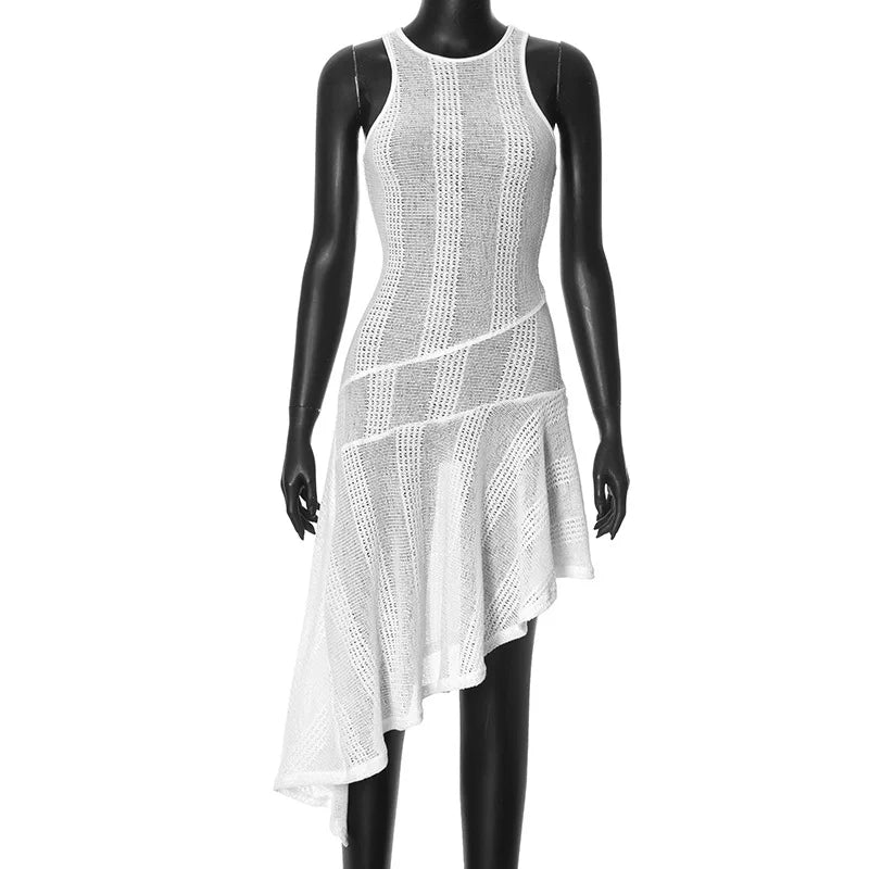 LIZAKOSHT  -  Street Wear White Knitted Round Collar Sleeveless Summer Irregular Hem Midi Dress See Through Bodycon Holiday Beach Dresses
