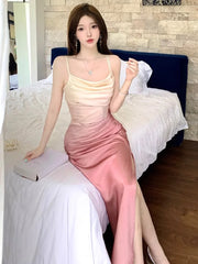LIZAKOSHT  -  Fashion Sexy Dresses Women Elegant Sleeveless Slash Neck Split Ruched Backless Gradient Dresss Party Female Club