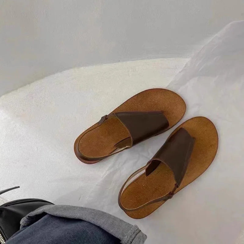 LIZAKOSHT  -  French Genuine Leather Simple Flat Bottom Toe-Over-Rromano Sandals Women Summer New Beach Casual Foot-Mouth Slippers Outdoor Wea