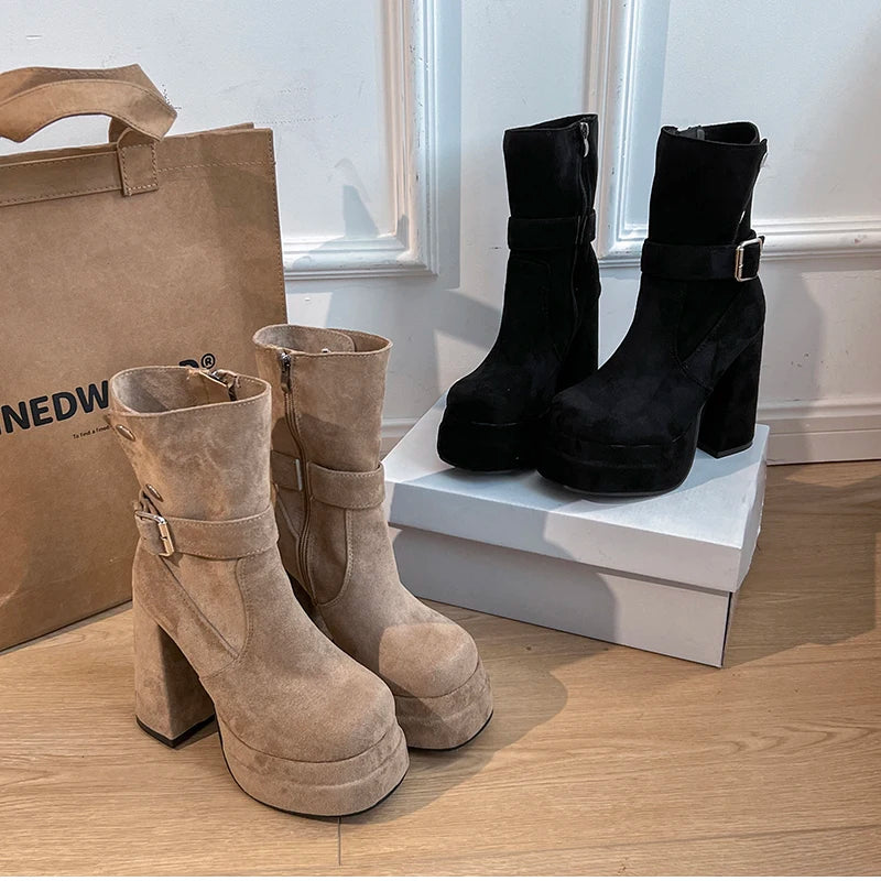 LIZAKOSHT  -  Autumn Winter Fashion High Heel Women Ankle Boots Belt Buckle Punk Shoes Ladies Short Botas Para Mujer