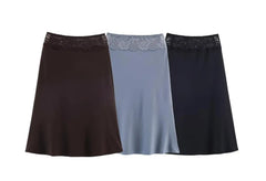 LIZAKOSHT  -  3 colors Retro Spliced Lace Low Waist Knitted Midi Long Skirt Spring Summer Women A-lined Skirts Femme Grayblue Black Brown