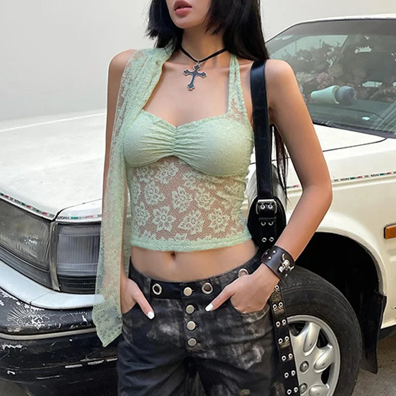 LIZAKOSHT  -  Sexy Halter Lace See Through Crop Top for Women Summer Backless Party Street Tank Low Cut Tops Y2K Fashion Basic T-Shirts Vest
