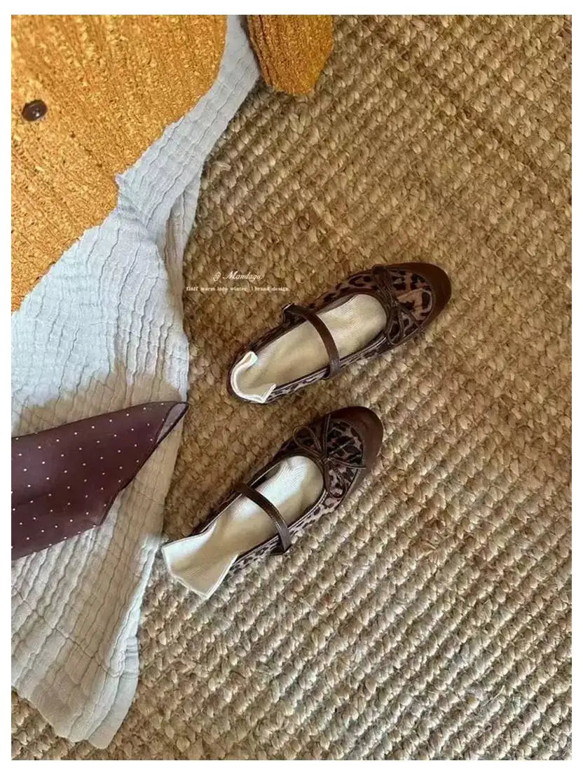 LIZAKOSHT  -  Autumn Fashion Leopard Print Flats Shoes Women Ankle Strap Flats Square Toe Bow Knot Leisure Soft Comfort Female Mary Janes