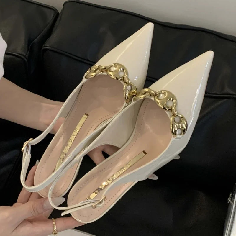LIZAKOSHT  -  Metal Chain Design Sexy High Heels Women Pointed Toe Brand Slingback Shoes Elegant Fashion Office Shoes New Summer Sandals Women