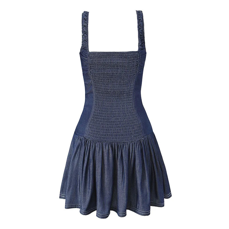 LIZAKOSHT  -  Vintage Women Cinching Waist  Denim Slip Pleated Dress Dark Blue A-line Strap Skirts Distressed Street Wear Casual Jeans Dress