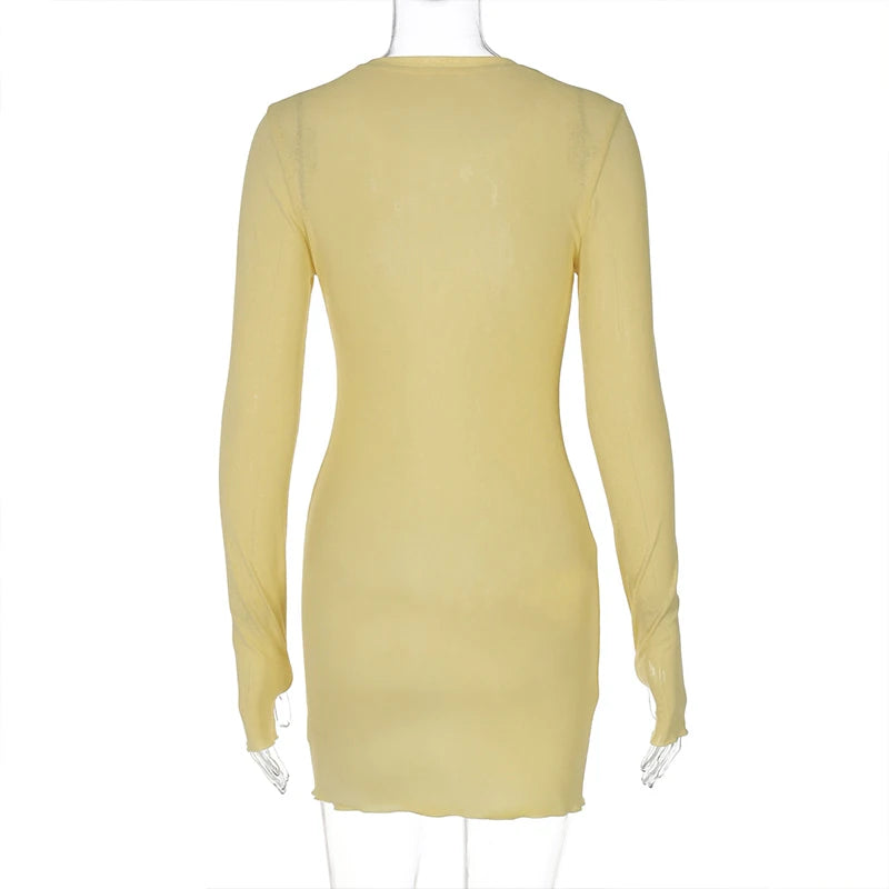 LIZAKOSHT  -  Long Sleeve Casual Solid Color 2025 Women Club Mini Bodycon Dress Round Collar Tight Fit Ladies Spring Sheer Festival Vestidos