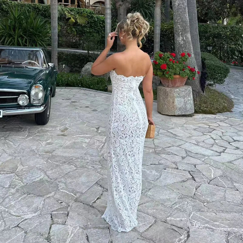 LIZAKOSHT  -  Women Elegant Off Shoulder Slim Holiday Dress Sexy Sleeveless Lace Perspective Solid Long Dress Fashion Hight Waist Draped Gowns