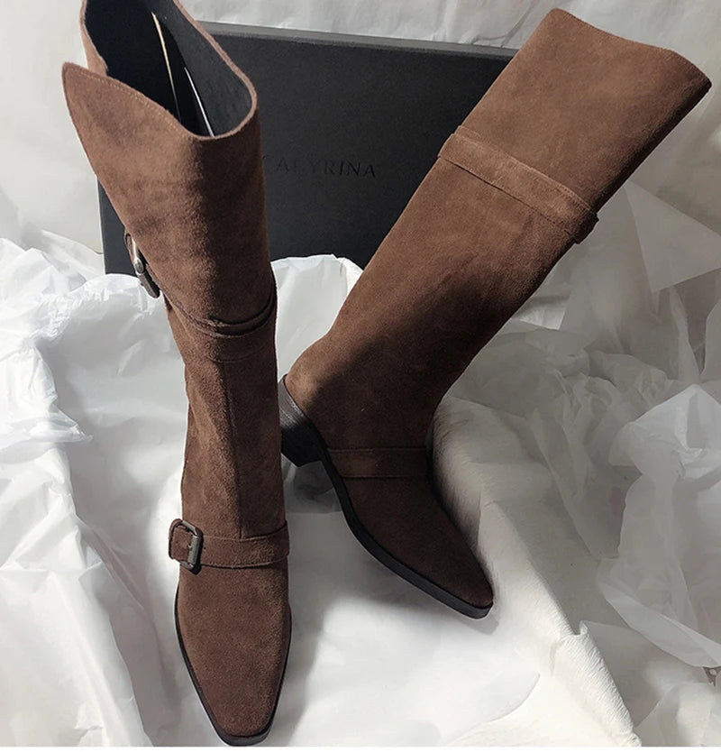 LIZAKOSHT  -  Fashion Vintage Women Western Knee High Boots Fashion Winter Belt Buckle Stripper Party Shoes Zapatos De Mujes