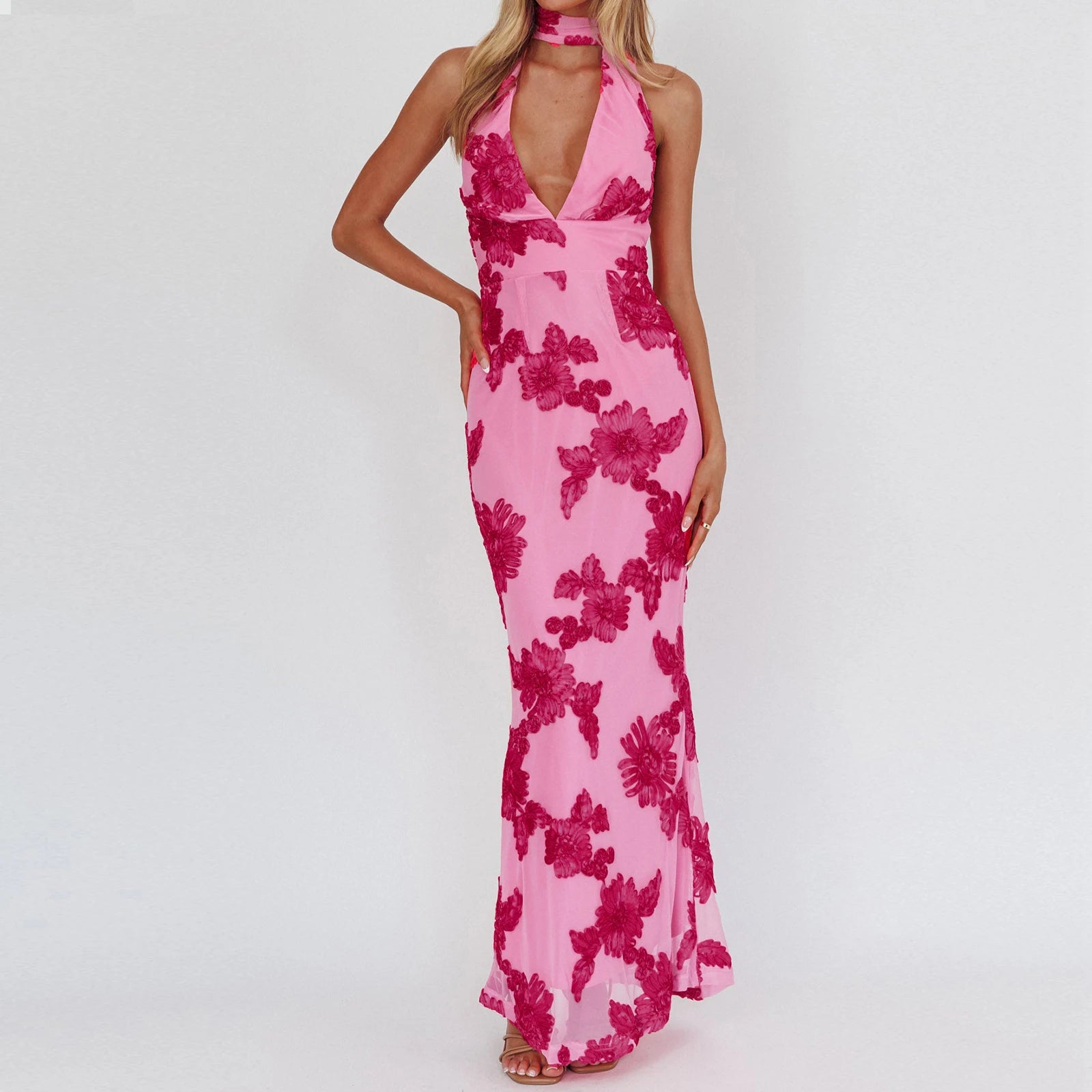 LIZAKOSHT  -  Women Floral Maxi Dress Spaghetti Strap Slip Dress Y2k Bodycon Backless Flowers Print Going Out Long Sundress