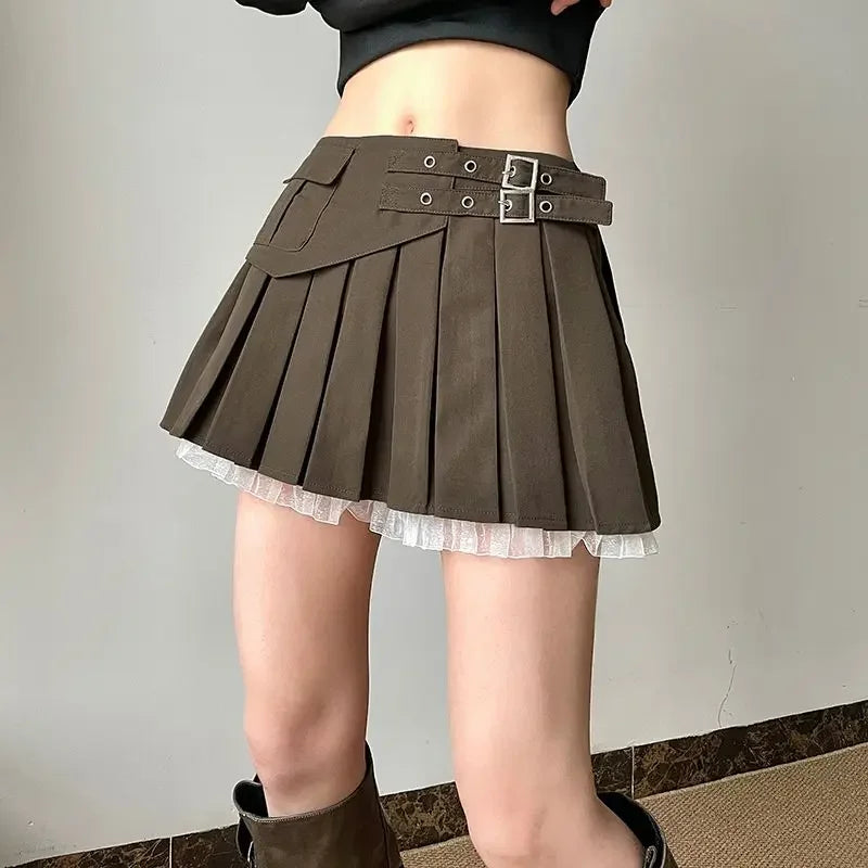 LIZAKOSHT  -  Girls' Wind Lace Stitching Tooling Skirt Spring and Summer High Waist Fashion Spice Girls Pleated Skirt