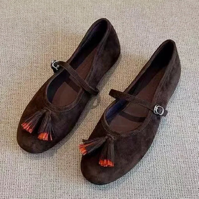 LIZAKOSHT  -  Fashion Tassel Decoration Ballet Flats Women Soft Leather Buckle Round Toe Mary Jane Shoe Comfort Shallow Designer Loafers Pumps