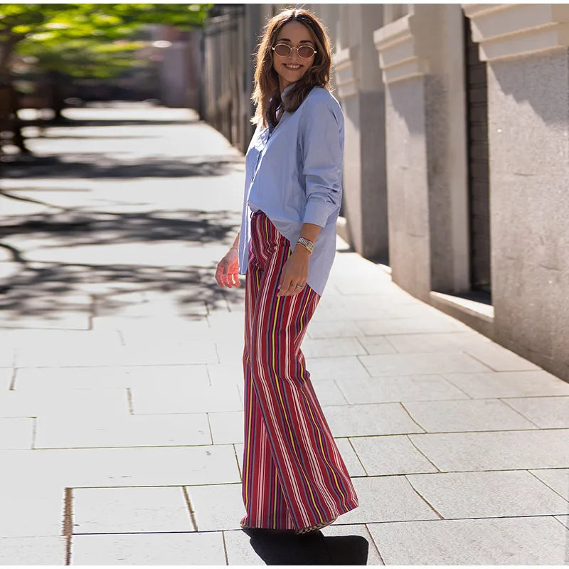 LIZAKOSHT  -  Fashion Red Multicolor Striped Pants For Women Casual High Waist Wide Loose Long Trouser Lady Spring Summer Vacation Pants