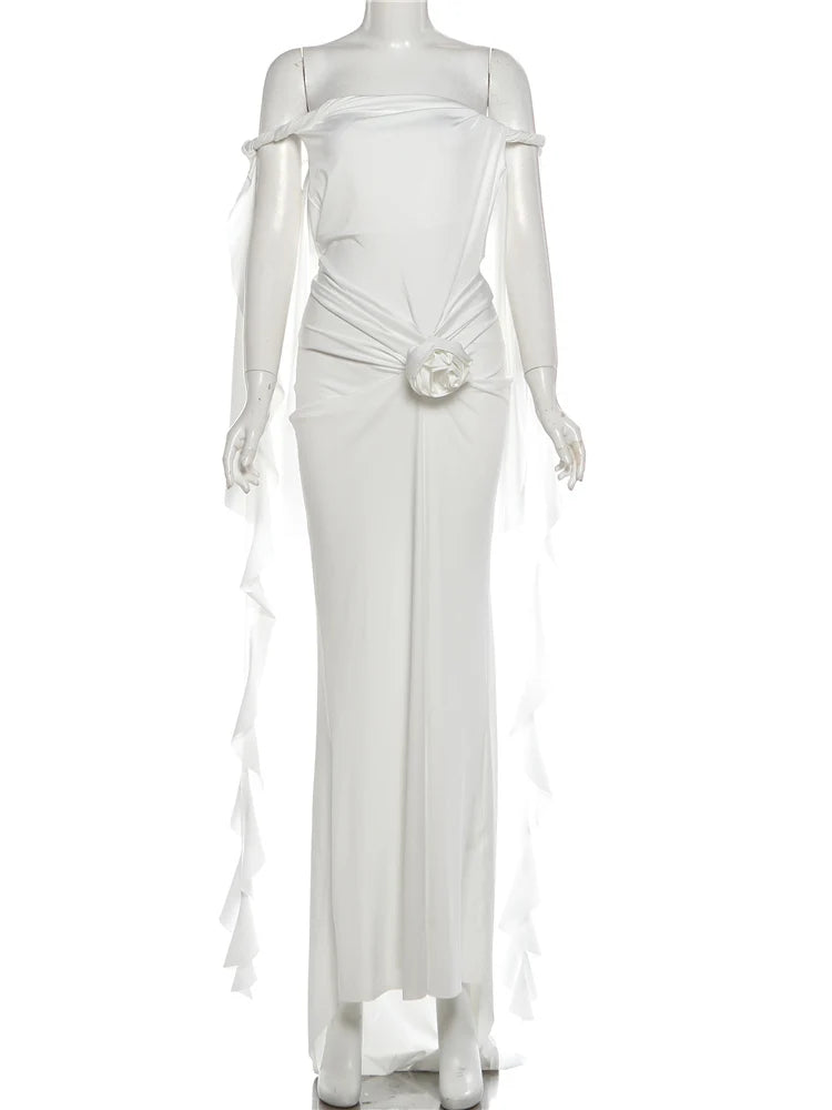 LIZAKOSHT  -  Ruffled Tassels 3d Flowers Maxi Dress Women Slash Neck Backless Asymmetrical Hem Folds Vacation Elegant Chic Vestidos