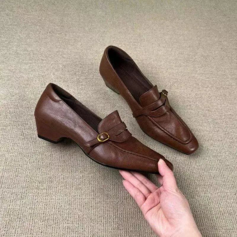LIZAKOSHT  -  Vintage Square Toe Block Heel Loafers for Women Leather Buckle Pumps Retro Commuter Slip On Dress Shoes Office Ladies Footwear