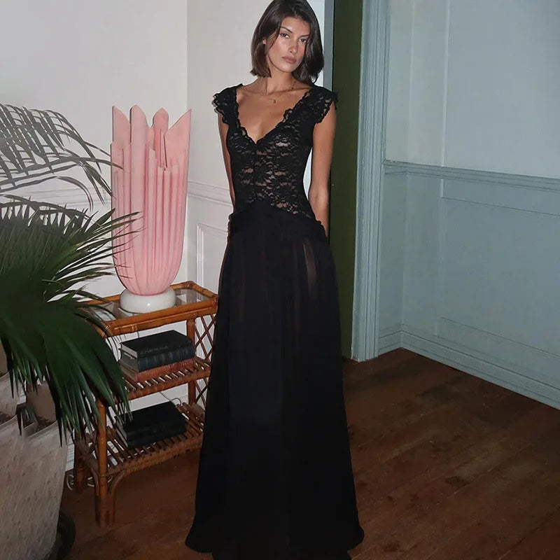 LIZAKOSHT  -  Women's Dresses Elegant Long Dresses Evening Dress Off-Shoulder Sheer V-Neck Lace Maxi Dress Formal Gown Woman Clothes Outerwear